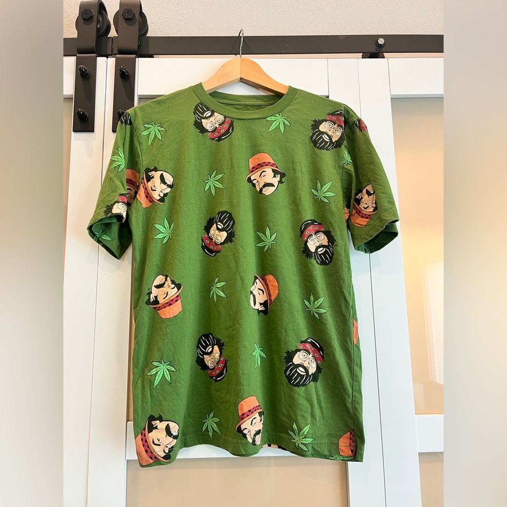 Green Graphic T-Shirt features Cheech & Chong